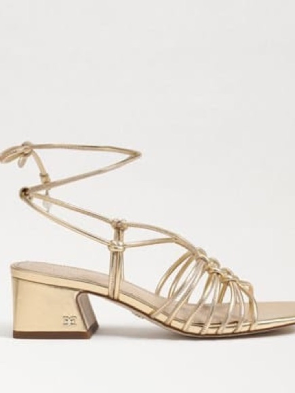 Sam Edelman Metallic Gold Strappy Low Block Heel Sandals tie around ankle